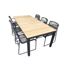 Set van Arashi tafel 220x100x76 cm grijs/teak en 6 Mira stoelen lava Yoi
