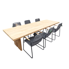 Set van Zen tafel 300x100x75 cm teak en 6 Wasabi stoelen grijs incl. kussen Yoi