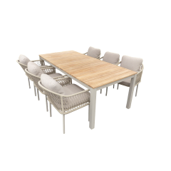 Set van Arashi tafel 220x100x76 cm salix/teak en 6 Rocha stoelen salix/flax beige Yoi