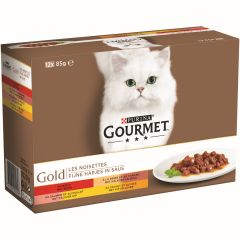 Gold fijne hapjes in saus met rund, kalkoen en eend, zalm en kip of kip en lever 12 x 85g kattenvoer Gourmet
