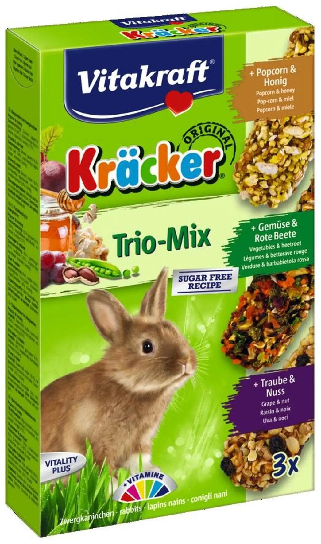Trio Mix druif/noot-groente/biet-popcorn/honing-kracker dwergkonijn 3in1 Gebr. de Boon Vitakraft