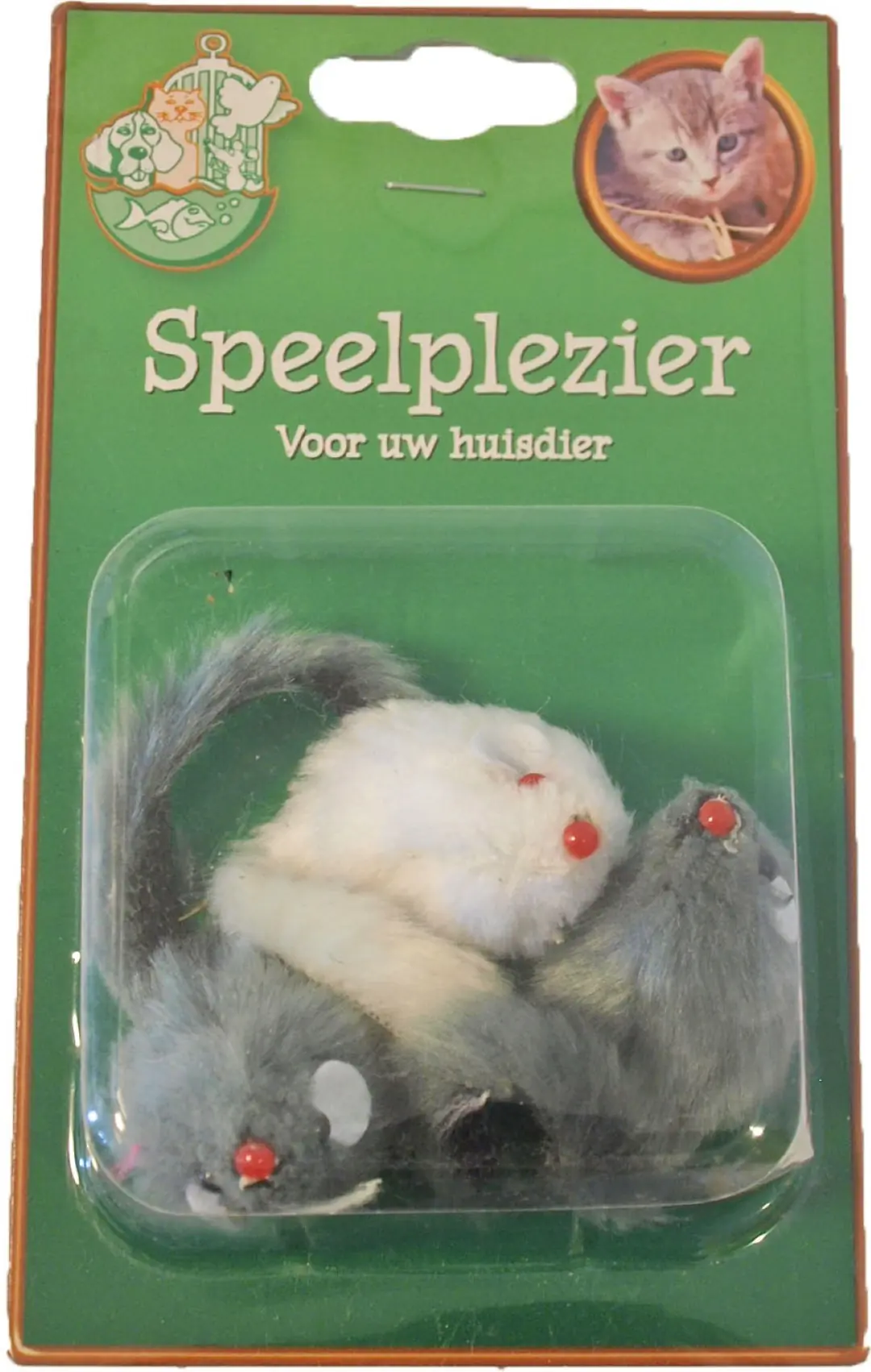 Kattenspeelgoed blisterpak a 3 bontmuis grijs/wit 5 cm Speelplezier-kat Gebr. de Boon