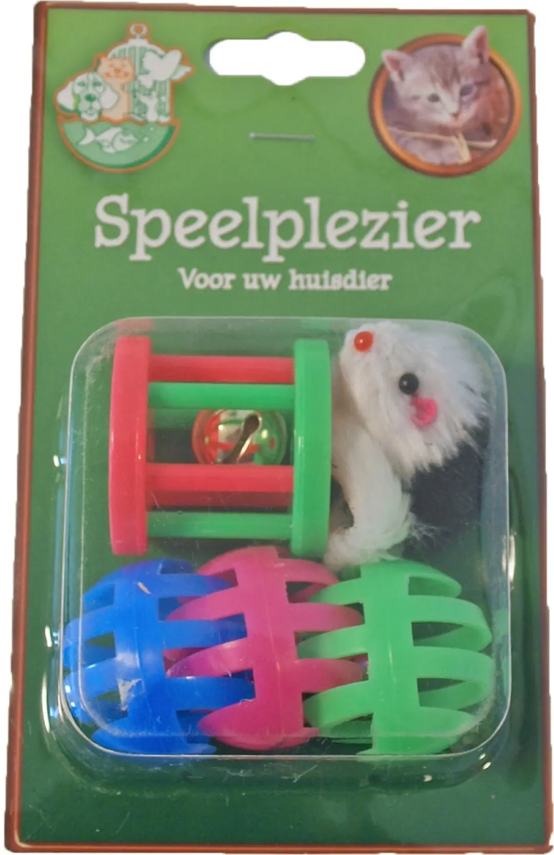 Kattenspeelgoed blisterpak 1 klos 3 ballen en 1 bontmuis Speelplezier-kat Gebr. de Boon