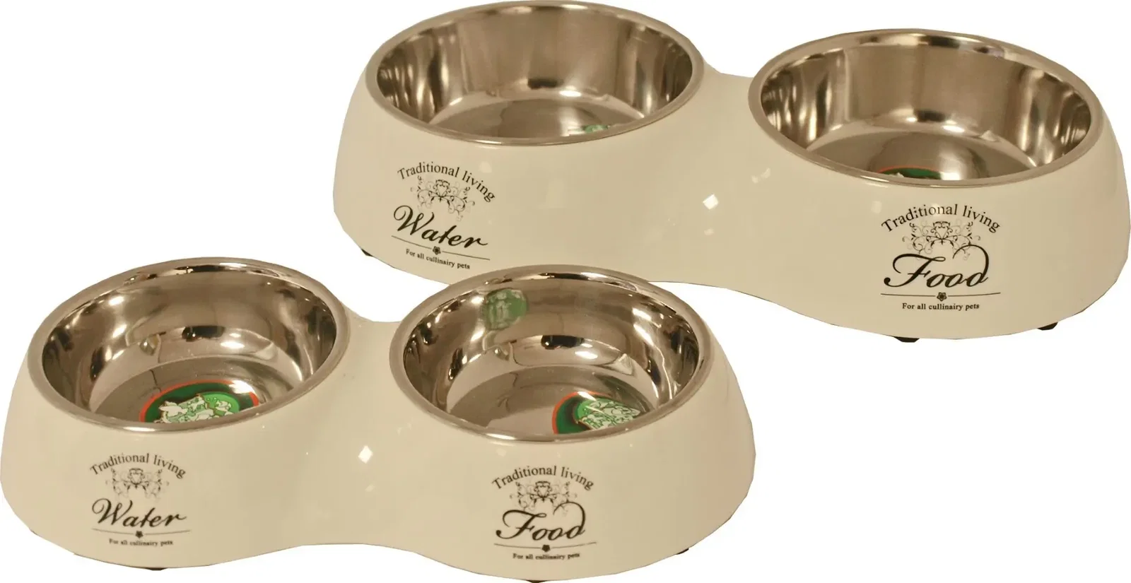 Hondeneetbak dubbel plastic/RVS water/food 27 cm beige Eet-en-drinkbakken-hond Gebr. de Boon