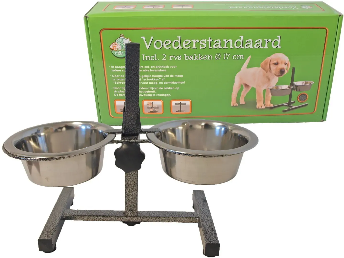 H-model standaard inclusief RVS bakken 17 cm hamerslag Eet-en-drinkbakken-hond Gebr. de Boon
