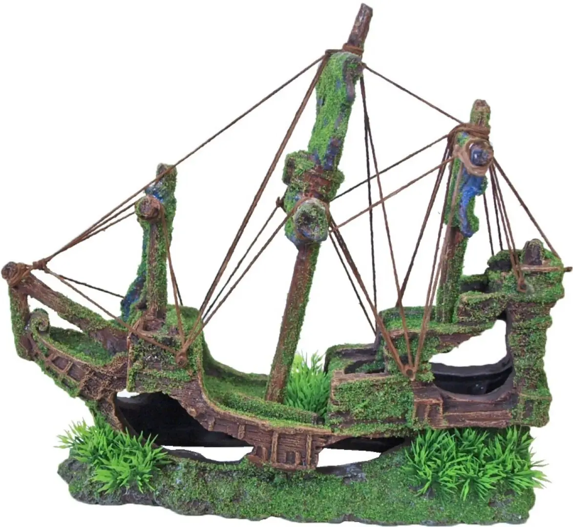 Polyresin ornament gezonken galjoen met gaten en mos 30 cm Decoratie Gebr. de Boon